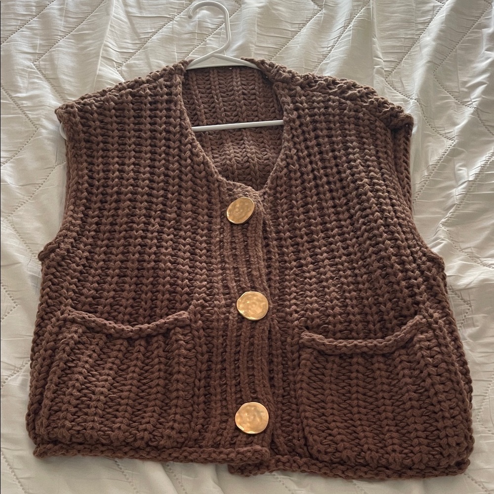 Amazon Brown Chunky Knit Button Front Vest